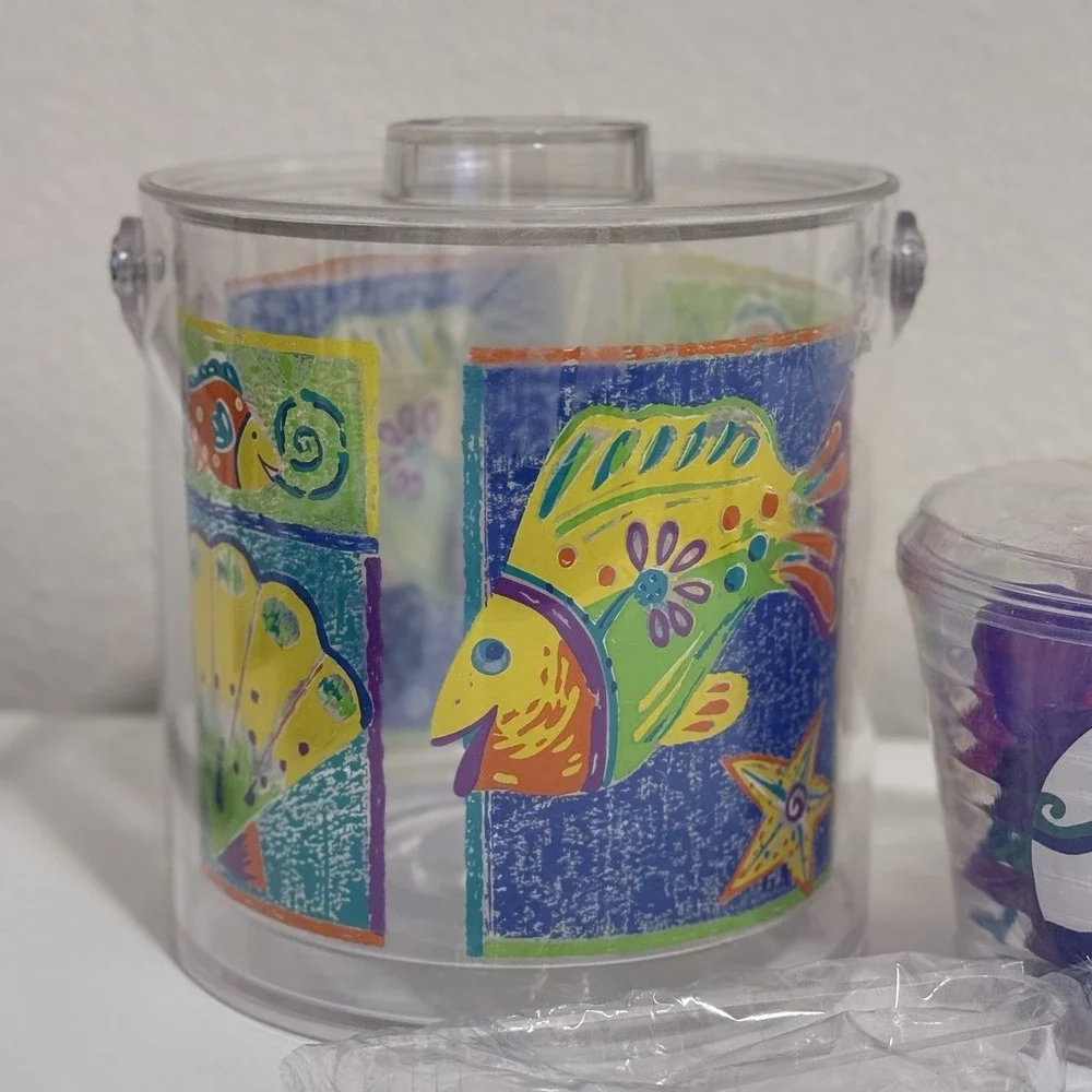 Vintage Fish 80s 90s Acrylic Ice Bucket Tongs & BONUS Cool Fish Ice Balls Sealed